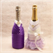 Декор бутылки шампанского в сиреневом цвете